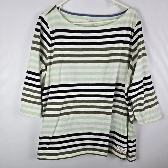 Talbots Plus Size Olive Navy Mint Striped Boxy Boatneck Nautical 3/4 Sleeve 2XP - Picture 1 of 8